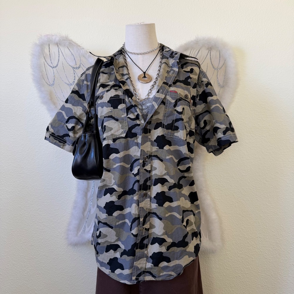 Y2K Camo Utility Shirt Short Sleeve Button Indie Grunge‎ Funky Green Black
